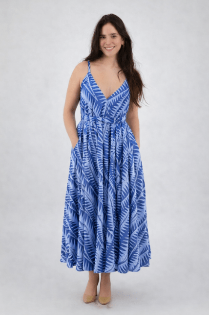 AB - 16111 Tropical Leaf Print Spaghetti Strap Maxi Dress with Tie Waist - Advance Apparels Inc
