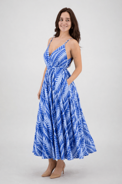 AB - 16111 Tropical Leaf Print Spaghetti Strap Maxi Dress with Tie Waist - Advance Apparels Inc