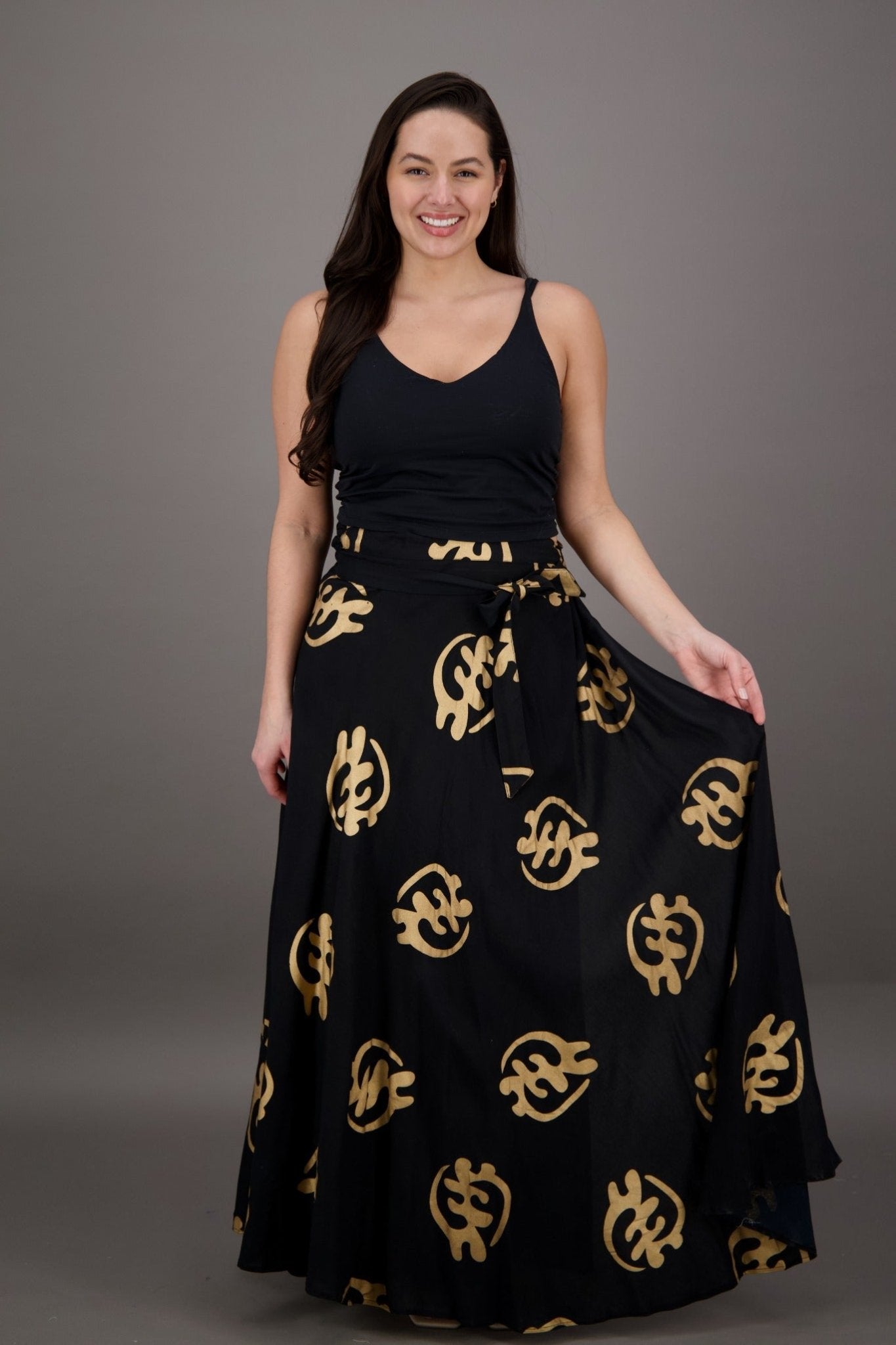 Adinkra Block Print Wrap Skirt 24785 Black/Gold / One Size Fits Most
