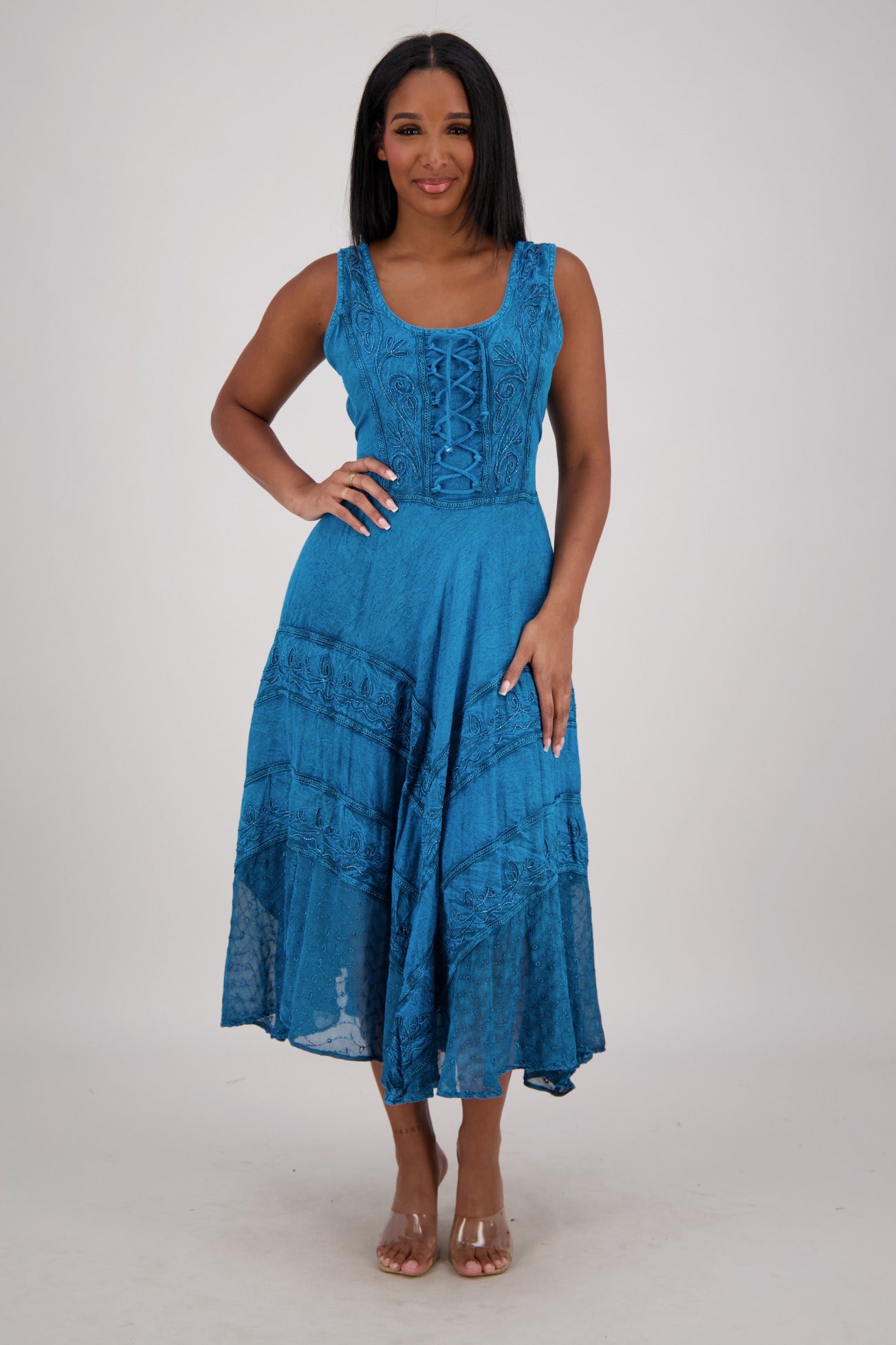 Renaissance Summer Dress with Corset Front – Boho Rayon Midi Dress C1 / 1X/2X