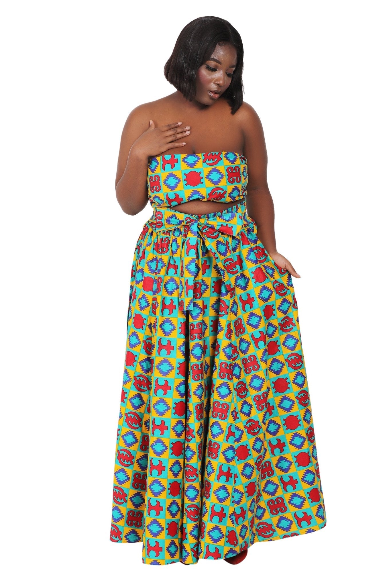 African Print Wax Print Skirt One Size Fits Most Headwrap Included Elastic Waist Pockets 16317-203 - Advance Apparels Inc