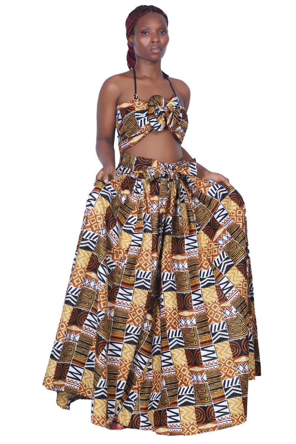 African Print Wax Print Skirt One Size Fits Most Headwrap Included Elastic Waist Pockets 16317 - 281 - Advance Apparels Inc