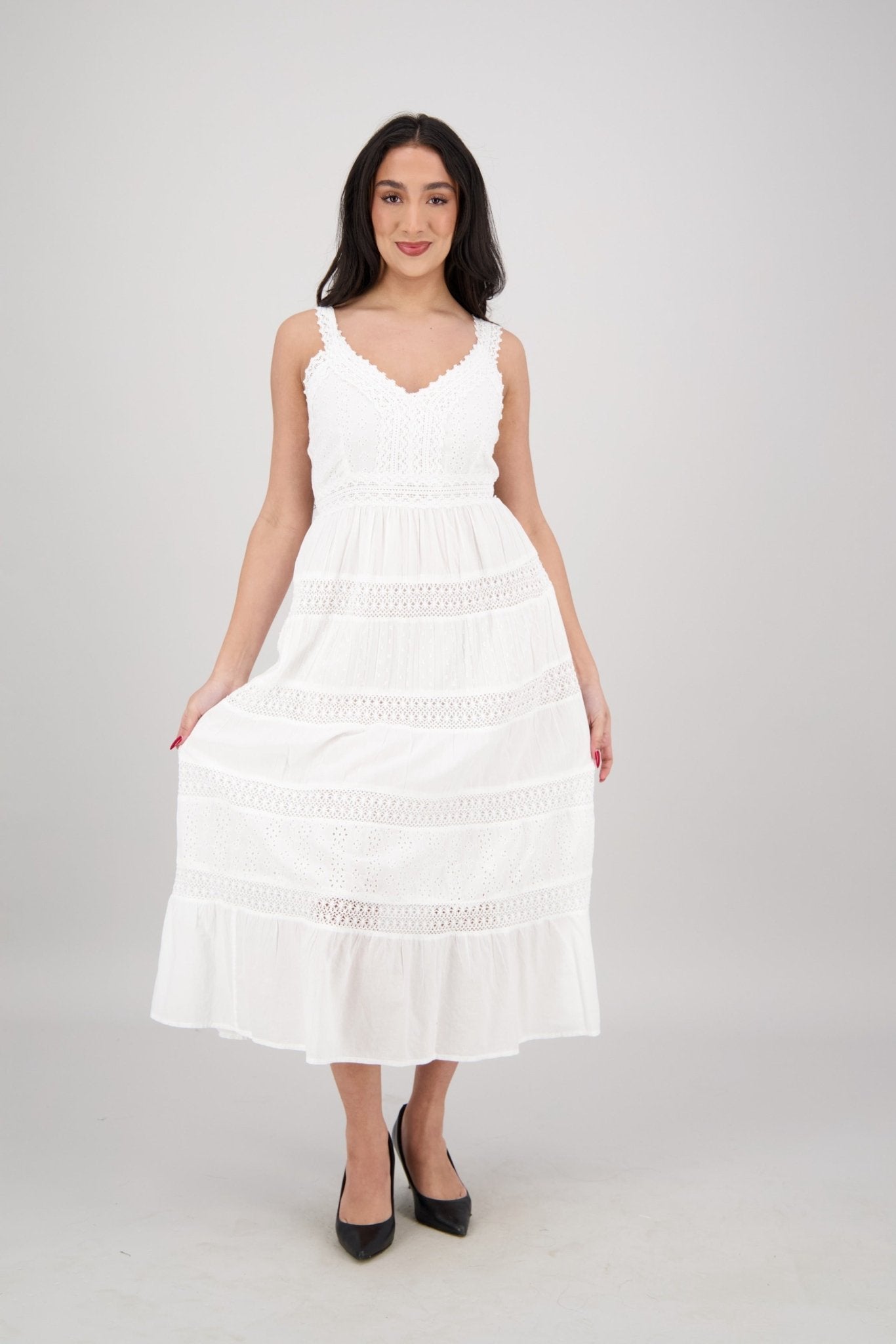 White Summer Dress with Eyelet Embroidery Cotton Resortwear White / S/M White Summer Dress with Eyelet Embroidery Cotton Resortwear White / S/M