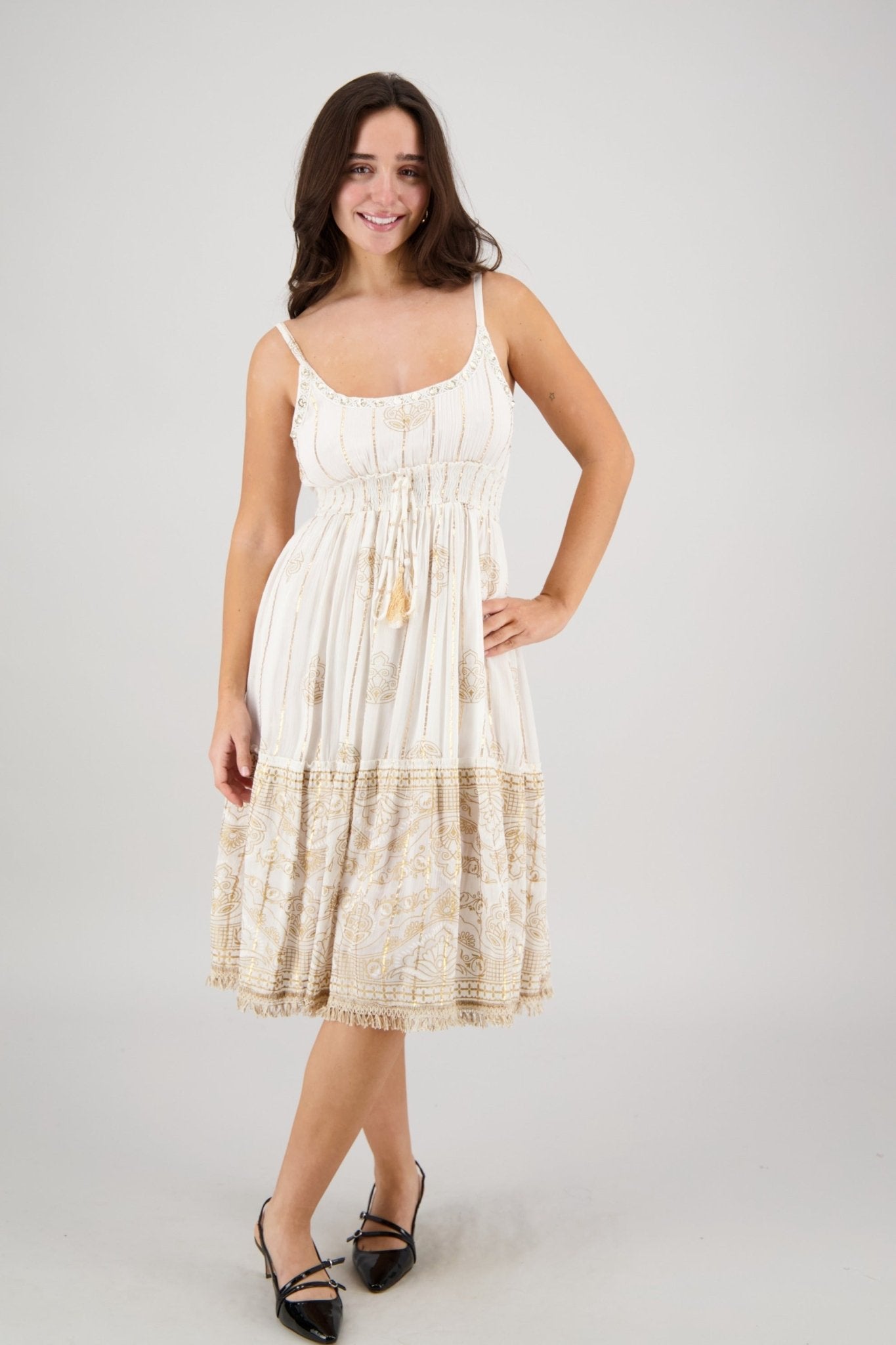 Bohemian Festival Dresses Lurex Rayon Tassel Midi Dress C1 / L/XL Bohemian Festival Dresses Lurex Rayon Tassel Midi Dress C1 / L/XL