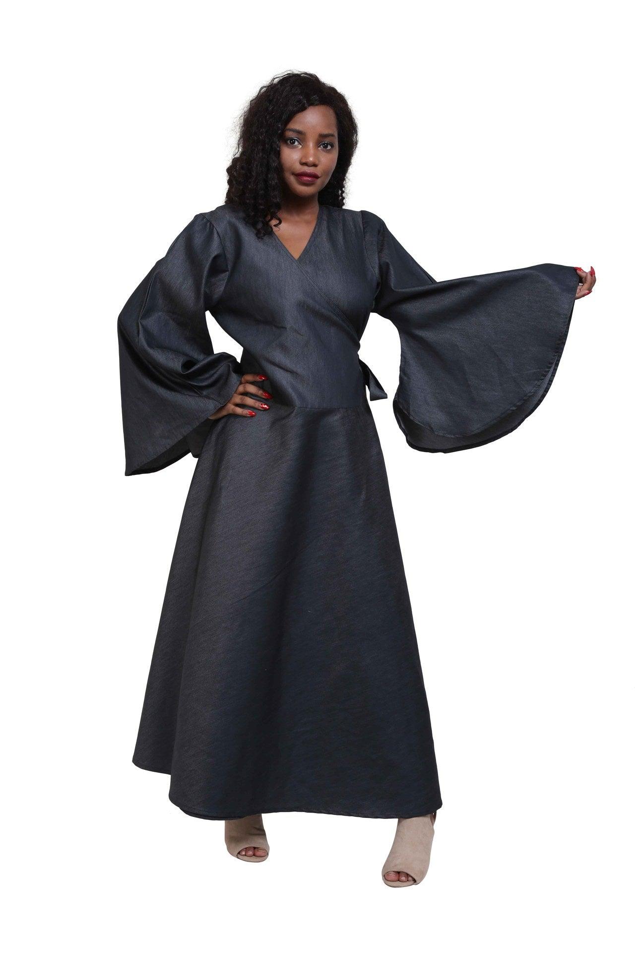 Ankara Denim Long Sleeve Wrap Dress 1816 Black / One Size Fits Most Ankara Denim Long Sleeve Wrap Dress 1816 Black / One Size Fits Most