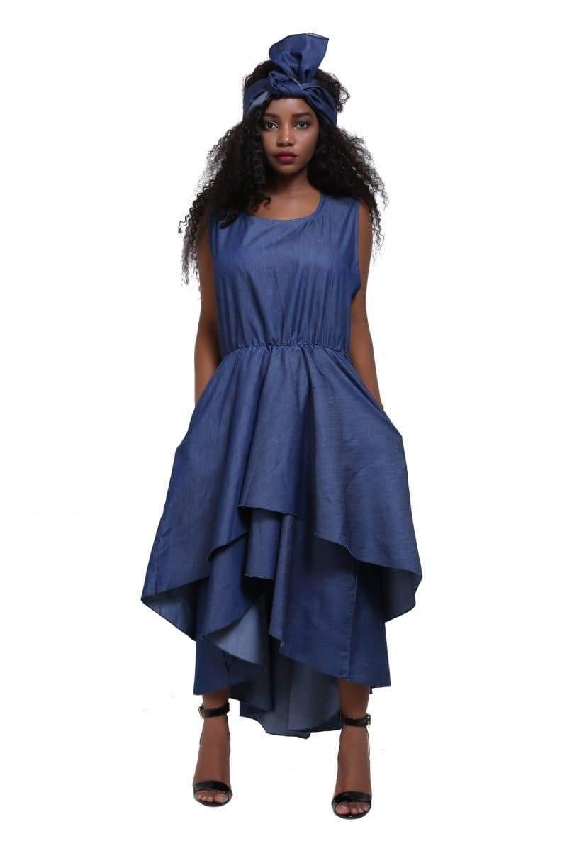 Ankara Denim Multi-Tier Maxi Dress 1824 - Advance Apparels Inc