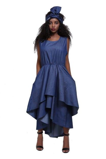 Ankara Denim Multi-Tier Maxi Dress 1824 - Advance Apparels Inc