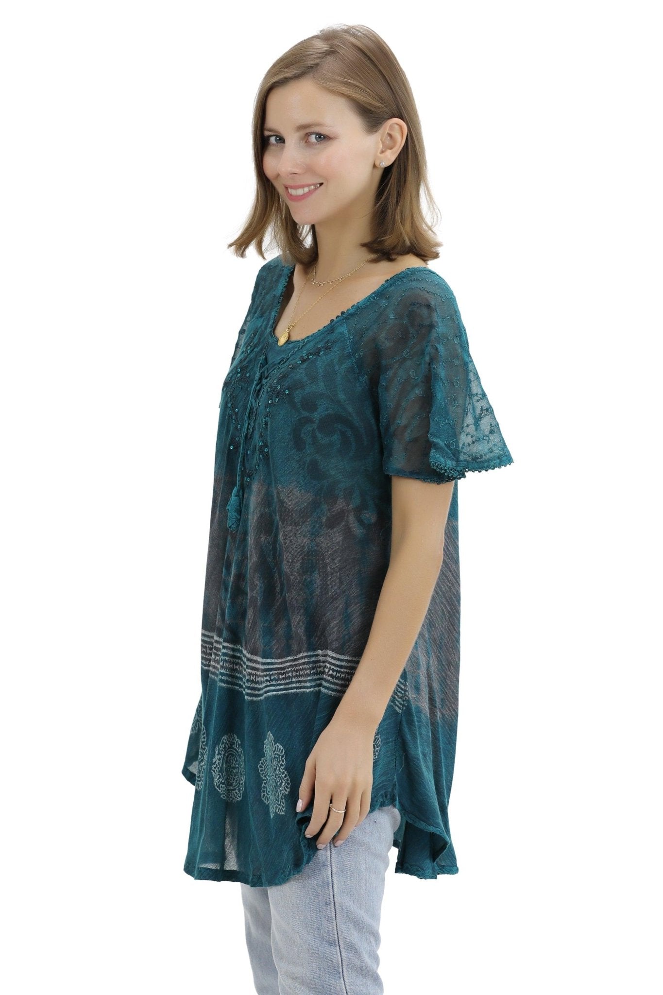 Batik Print Tie Dye Cap Sleeve Blouse 17877 - Advance Apparels Inc
