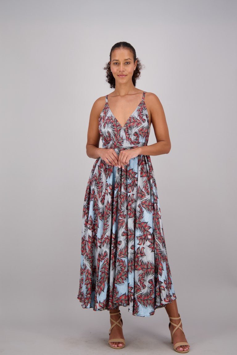 Blue + Red Floral Print Silk Maxi Dress AB16064 - Advance Apparels Inc