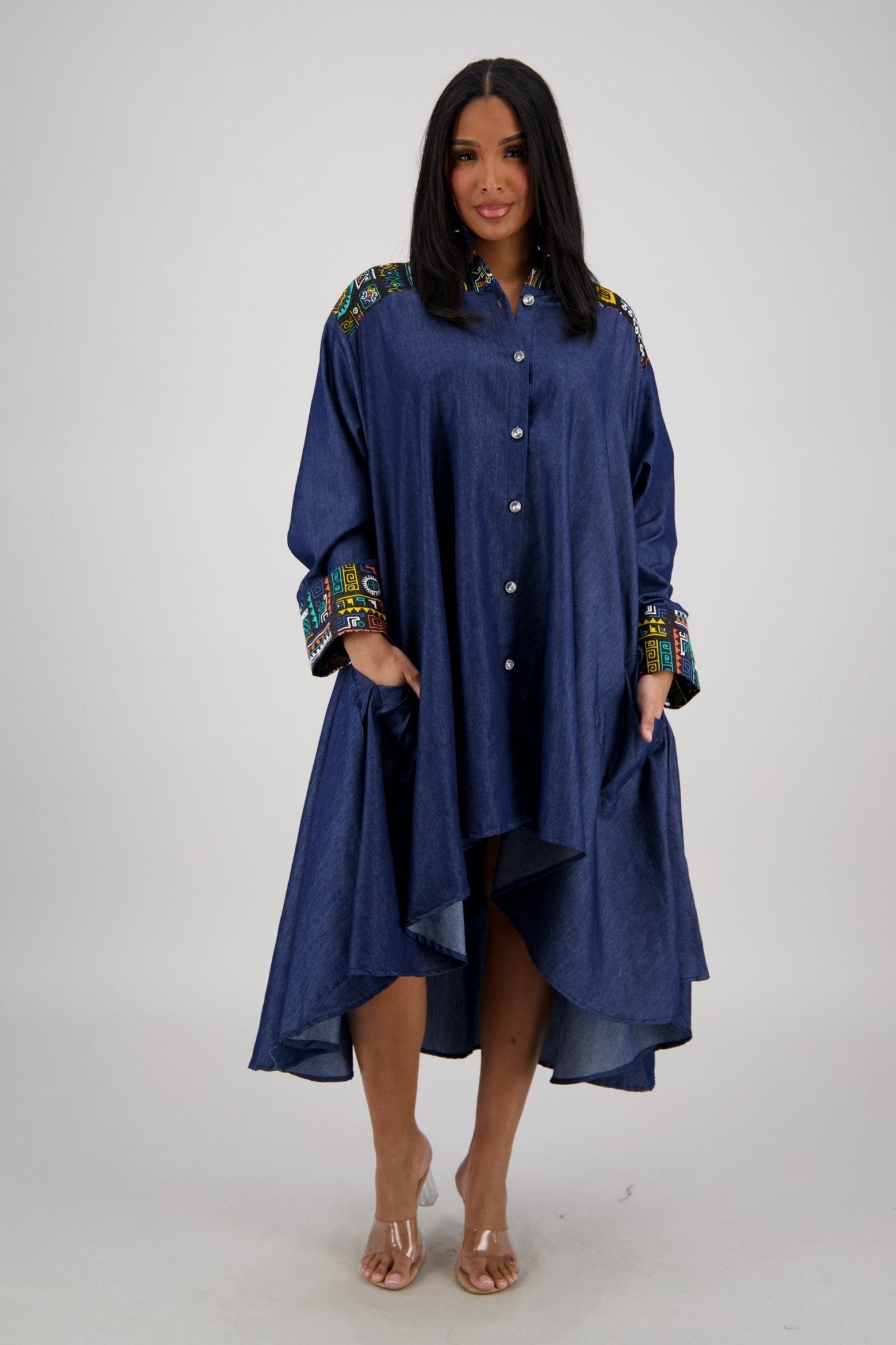 Blue Denim Dress with Print Accent African Print Clothing Blue Denim Dress with Print Accent African Print Clothing