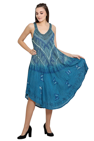 Butterfly Block Print V-Neck Sleeveless Tie Dye Umbrella Dress - Advance Apparels Inc