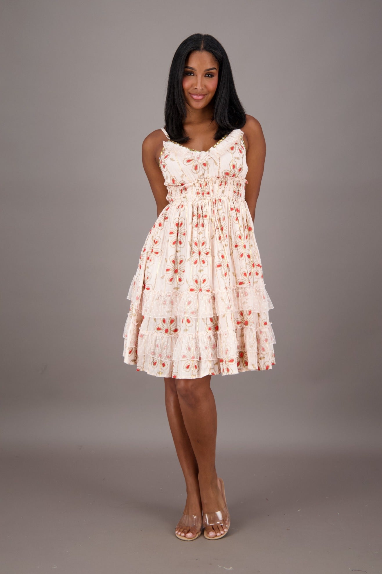 Floral Embroidered Boho Mini Dress Adjustable Straps & Smocked Fit C1 / L/XL Floral Embroidered Boho Mini Dress Adjustable Straps & Smocked Fit C1 / L/XL