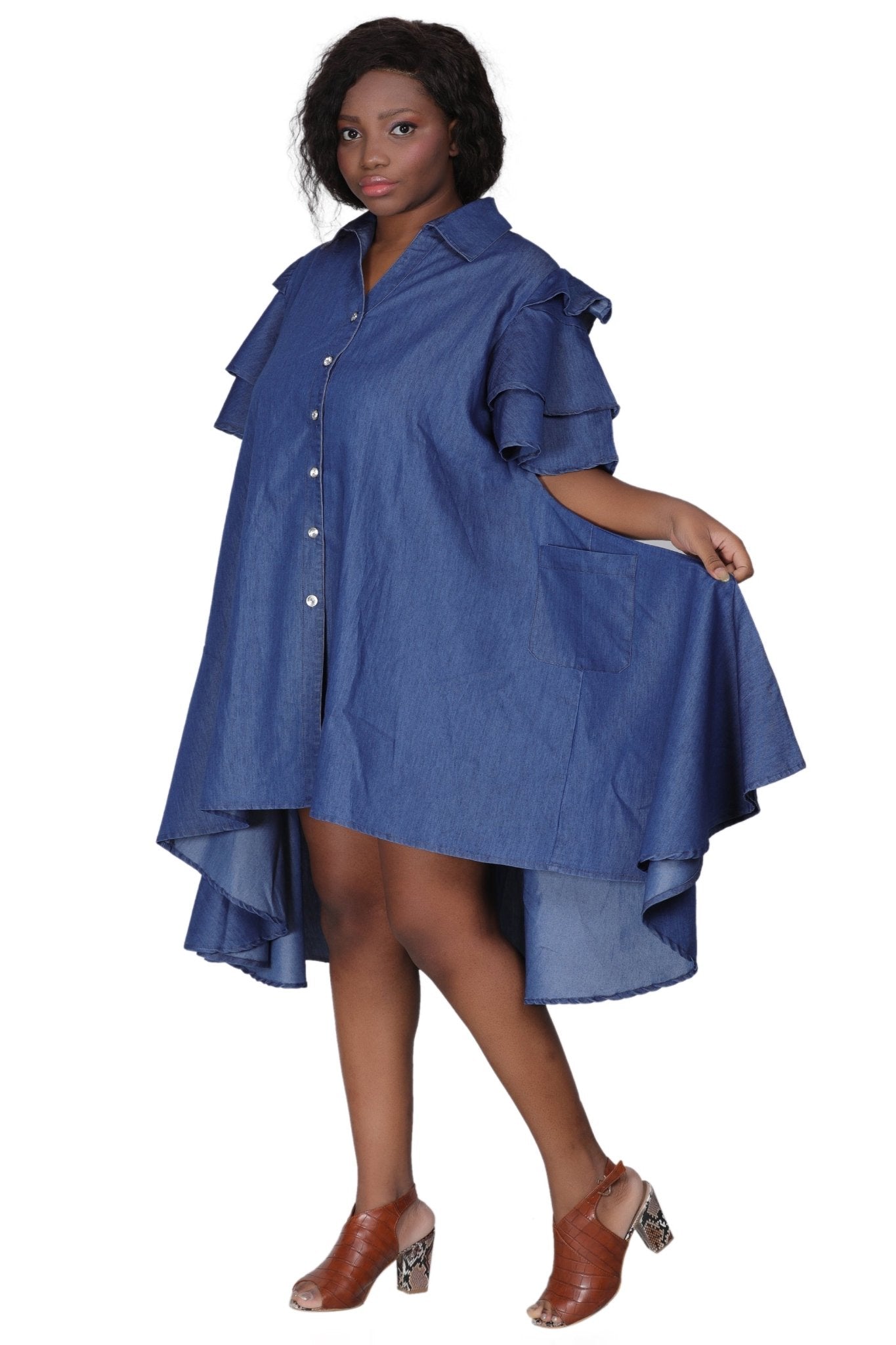 blue jean high low dress High Low Denim Strappy Dress-Estira, Stretchy shop.laboutiquee