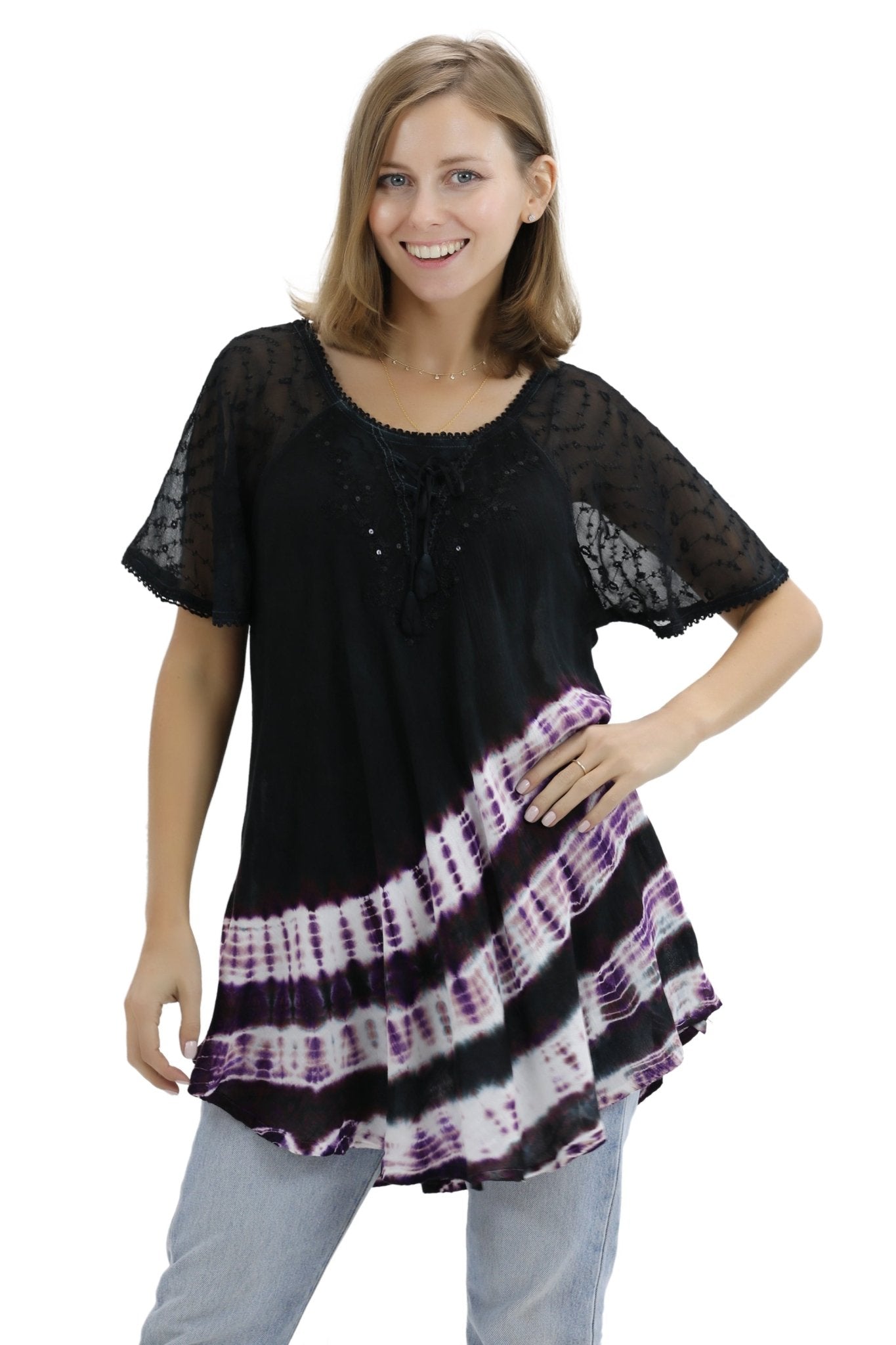 Diagonal Striped Tie-Dye Cap Sleeve Blouse 18726 - Advance Apparels Inc
