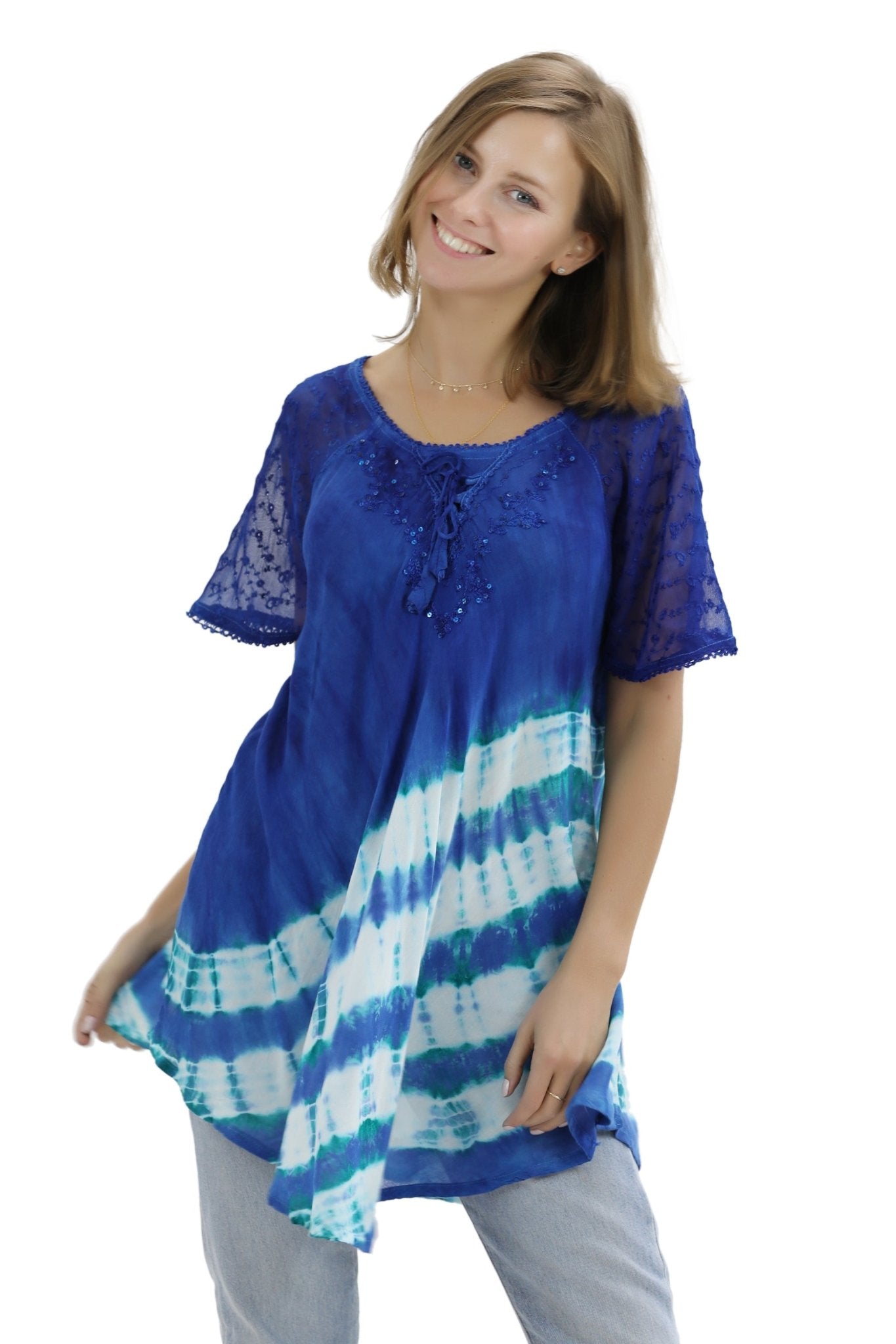 Diagonal Striped Tie-Dye Cap Sleeve Blouse 18726 - Advance Apparels Inc