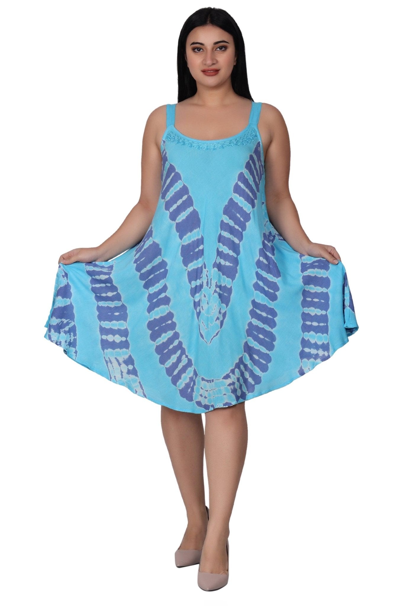 Embroidered Tie Dye Dress 362200STP Cyan / S/M Embroidered Tie Dye Dress 362200STP Cyan / S/M