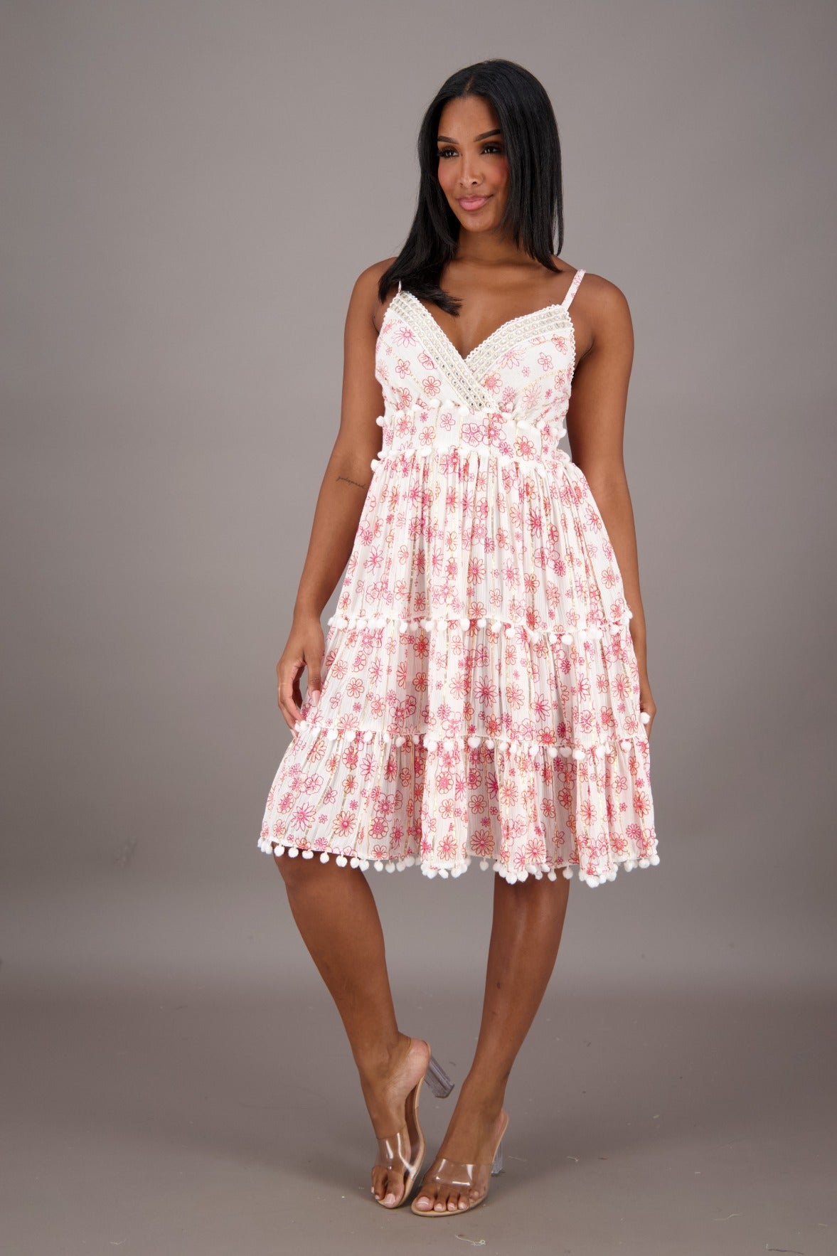 pom pom midi dress Cece Pom Pom Dress | Turquoise Patterned Floral