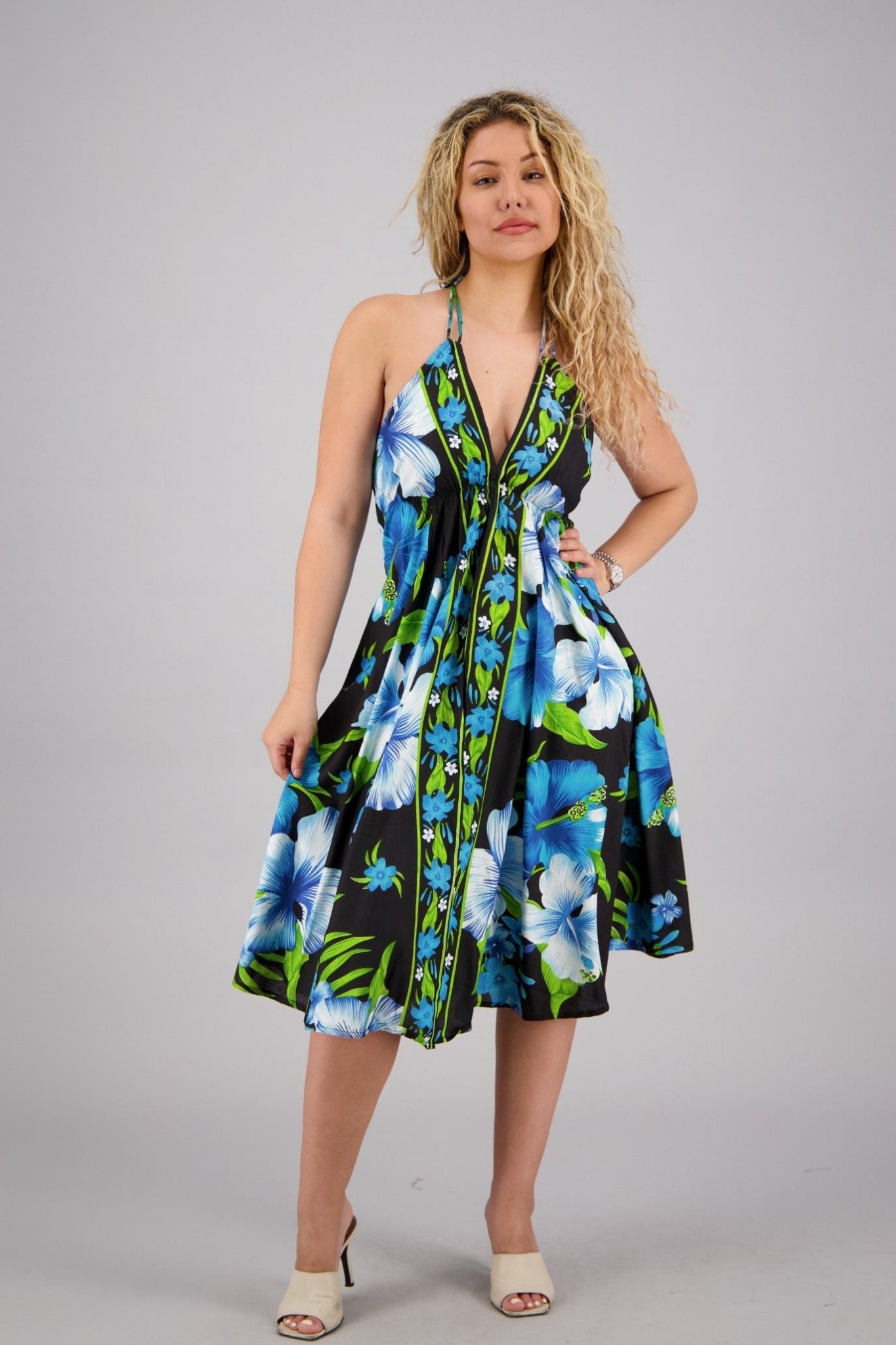 Printed Mid-Length Beach Dress - Black Floral | One Size Blue / One Size Fits Most Printed Mid-Length Beach Dress - Black Floral | One Size Blue / One Size Fits Most