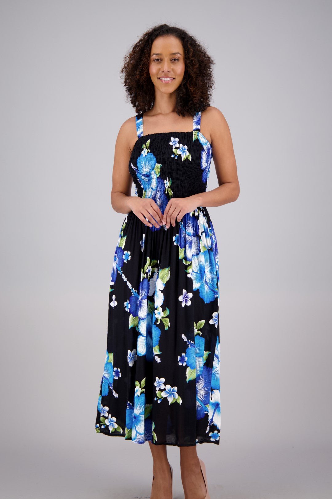 Floral Print Smock Dress One Size Fits Most TH2024 Black/Blue / One Size Fits Most Floral Print Smock Dress One Size Fits Most TH2024 Black/Blue / One Size Fits Most
