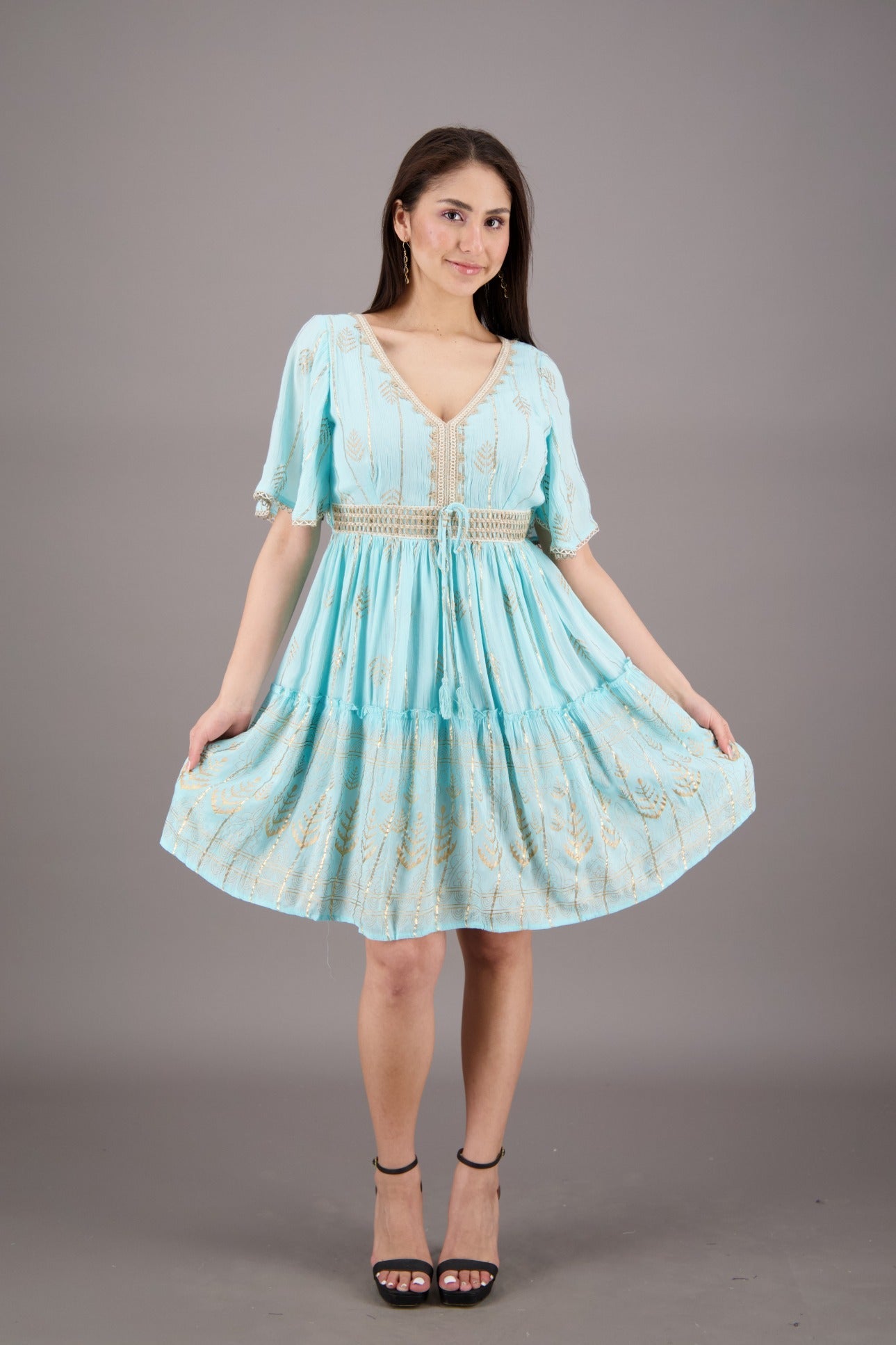Flutter Sleeve V - Neck Pastel Dress 24934 - Advance Apparels Inc