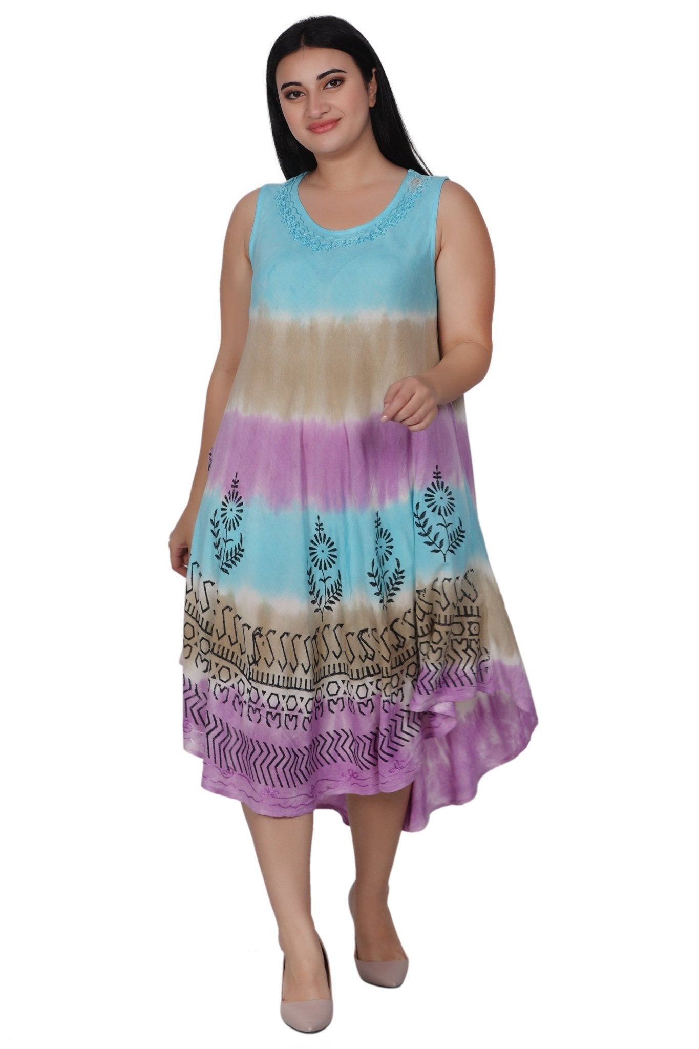 purple block print dress La Plage women's blue/purple blockprint midi ruffled neckline dress sz small