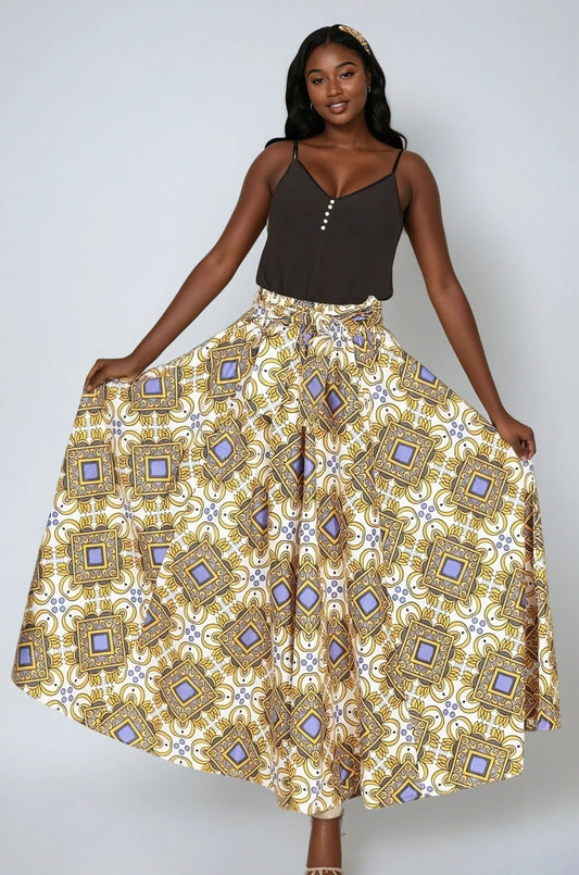 Gold African Print Wax Print Skirt One Size Fits Most Headwrap Included Elastic Waist Pockets 16317 - 617 - Advance Apparels Inc