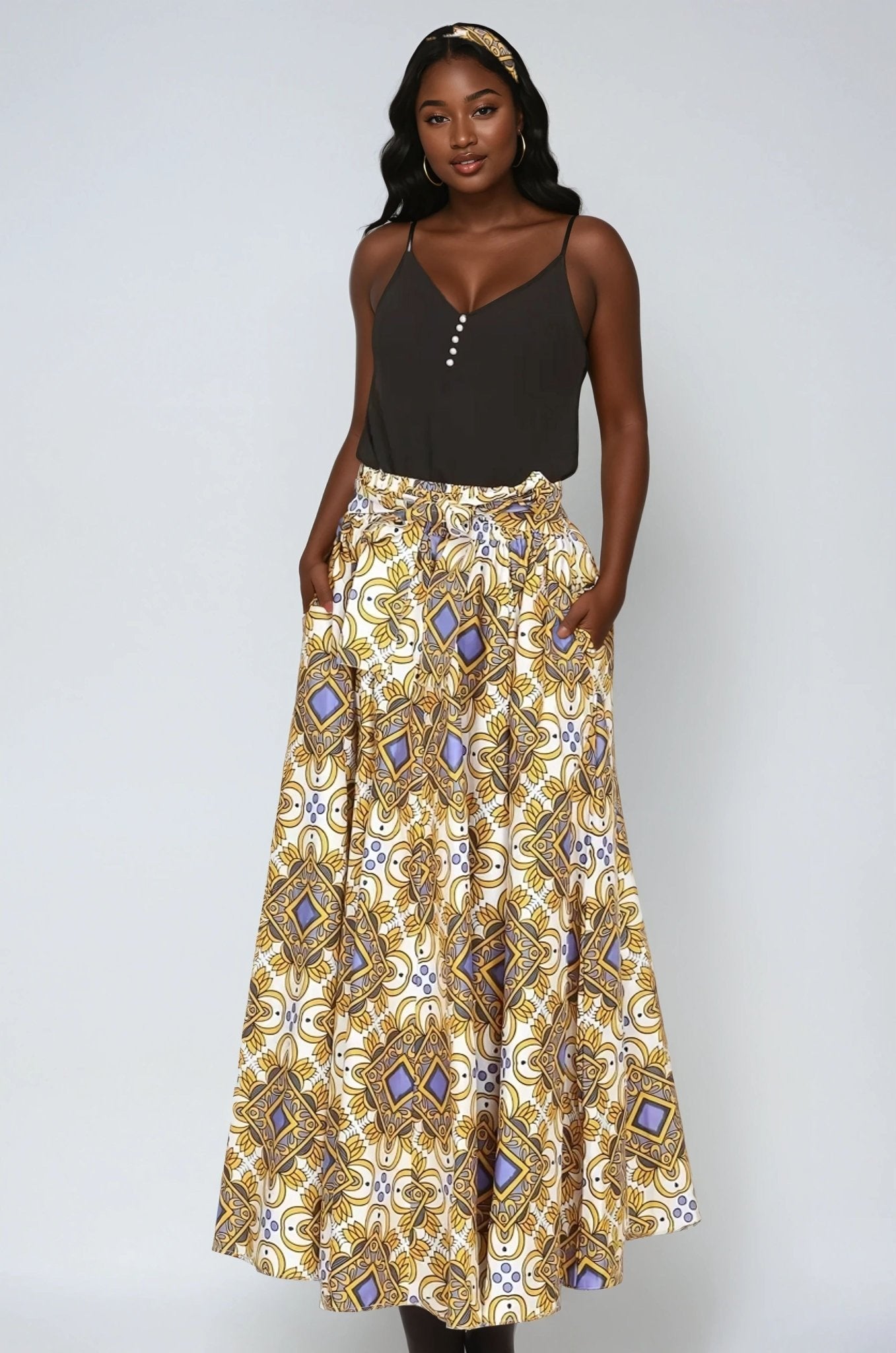 Gold African Print Wax Print Skirt One Size Fits Most Headwrap Included Elastic Waist Pockets 16317 - 617 - Advance Apparels Inc