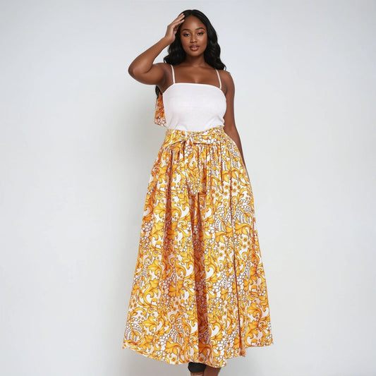 Gold Floral Print Ankara Long Maxi Skirt Elastic Waist 16317 - 97 - Advance Apparels Inc