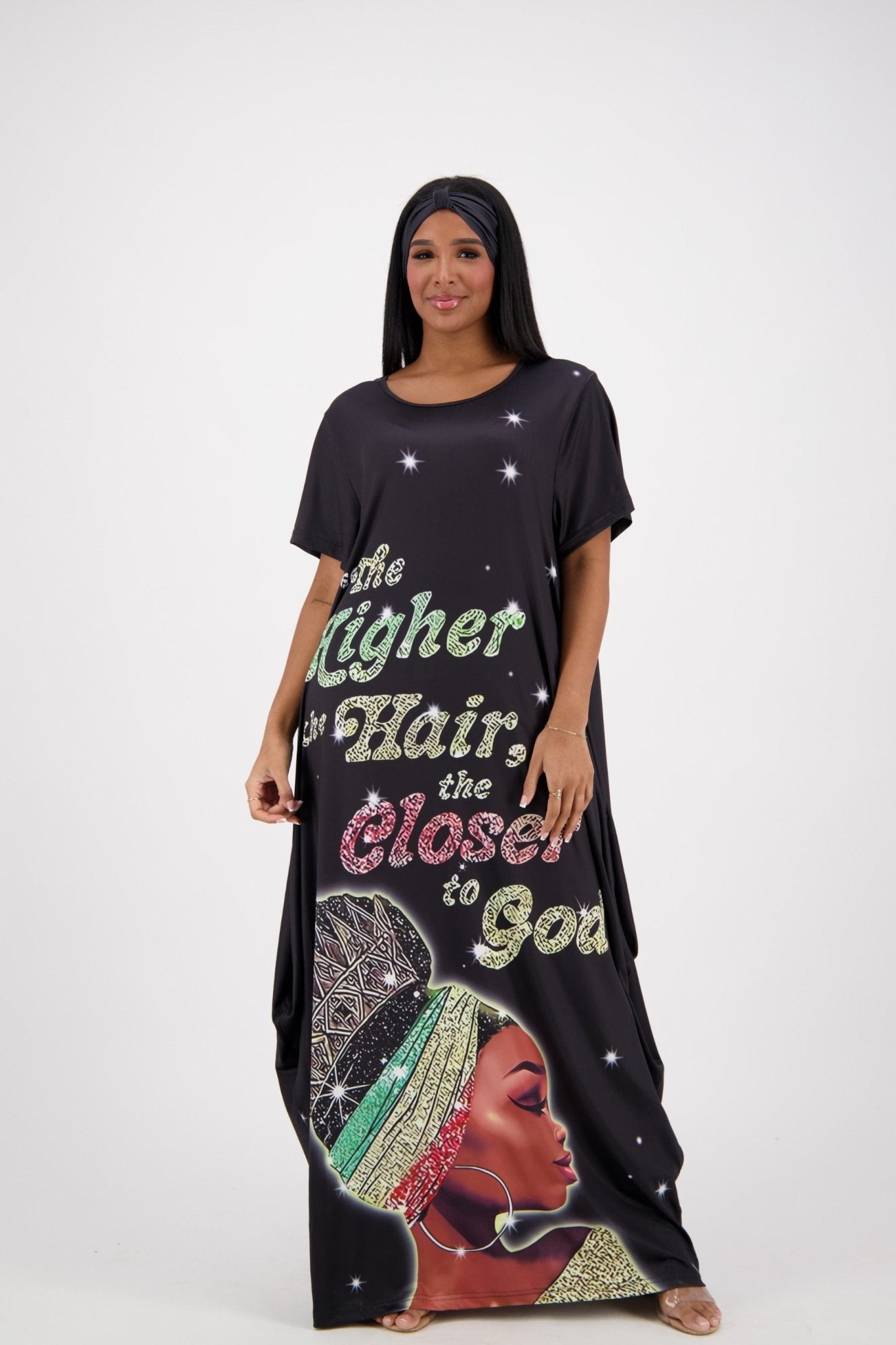 "Higher the Hair" Print Black Kaftan CH8860 - Advance Apparels Inc
