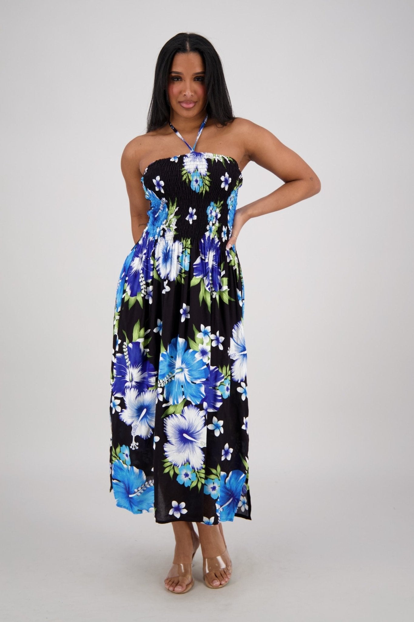 Tropical Floral Beach Dress – Convertible Halter Tube Style Black/Purple / One Size Fits Most