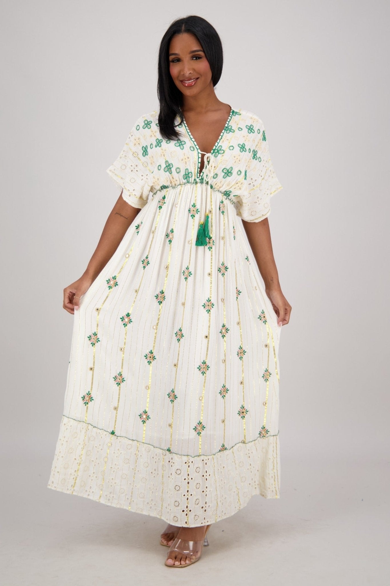 Summer Boho Dress – Embroidered Lurex Rayon, Adjustable Fit, 2 Sizes Assorted Colors / Assorted Sizes (S/M and L/XL)