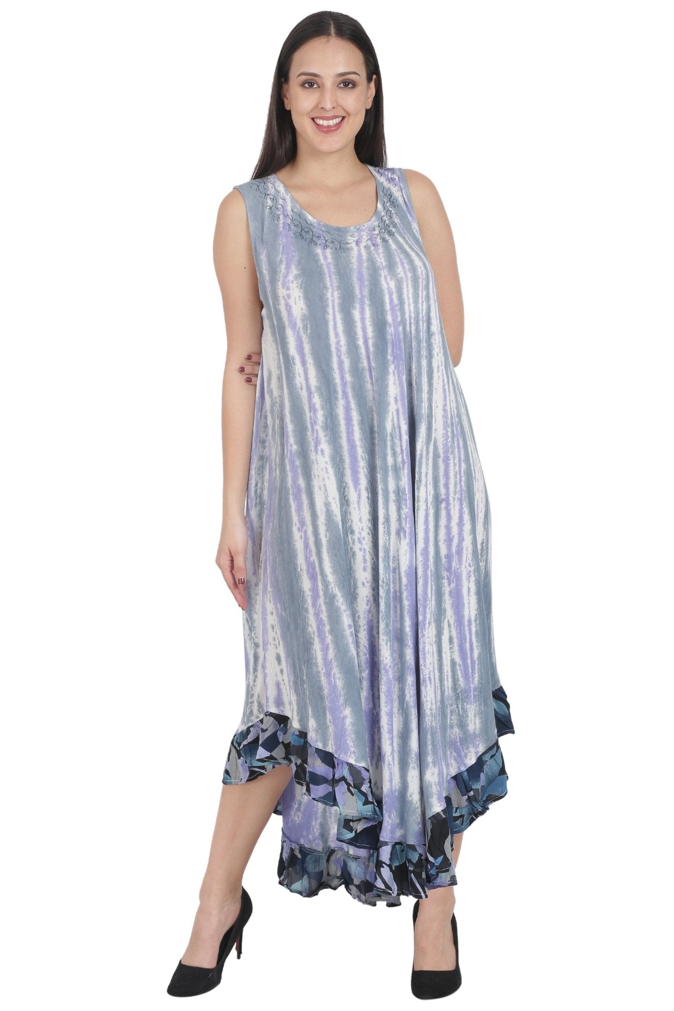 Long Sleeveless Tie Dye A-Line Dress Printed Hem Green / One Size Fits Most