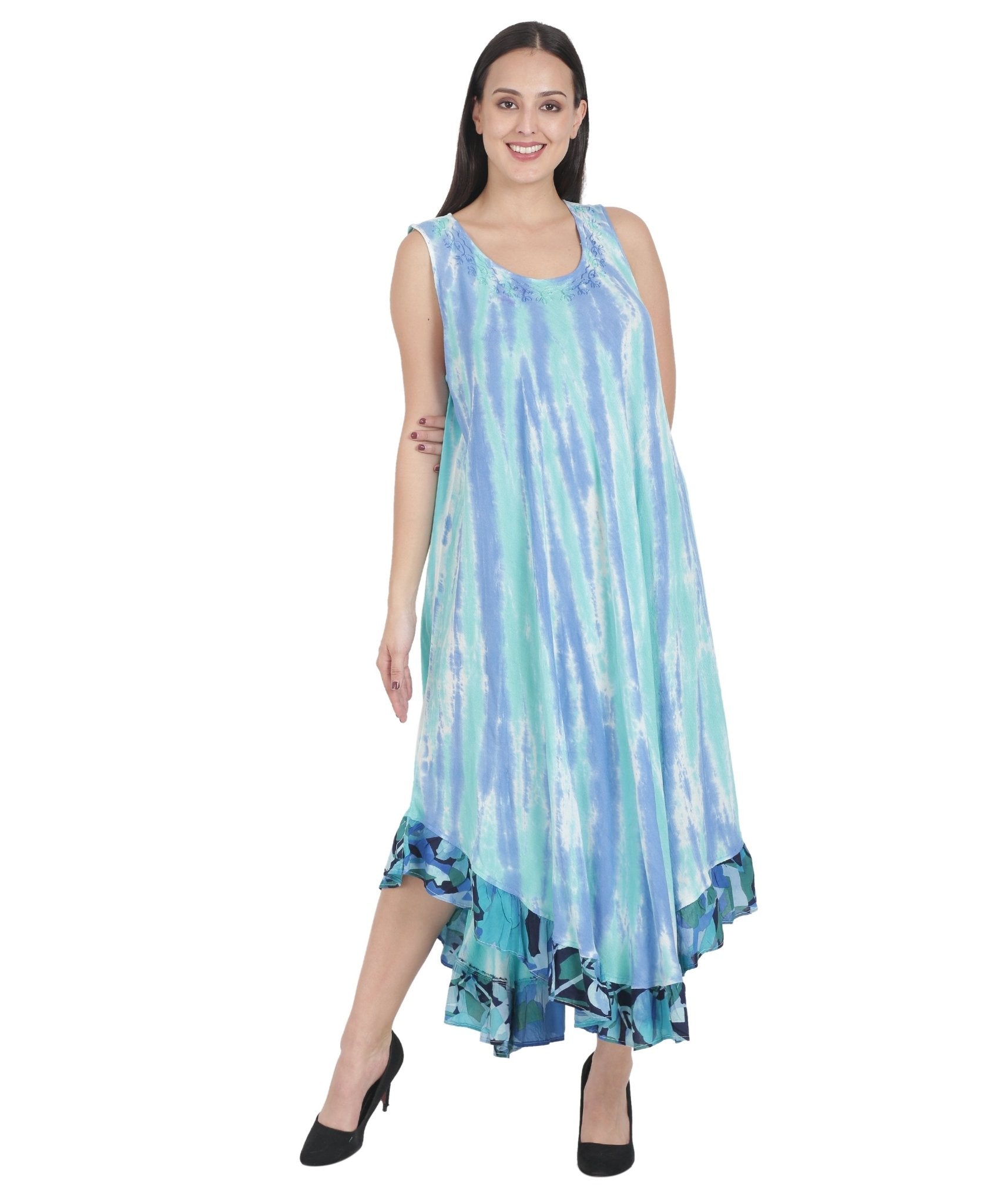 Long Sleeveless Tie Dye A-Line Dress Printed Hem Green / One Size Fits Most Long Sleeveless Tie Dye A-Line Dress Printed Hem Green / One Size Fits Most