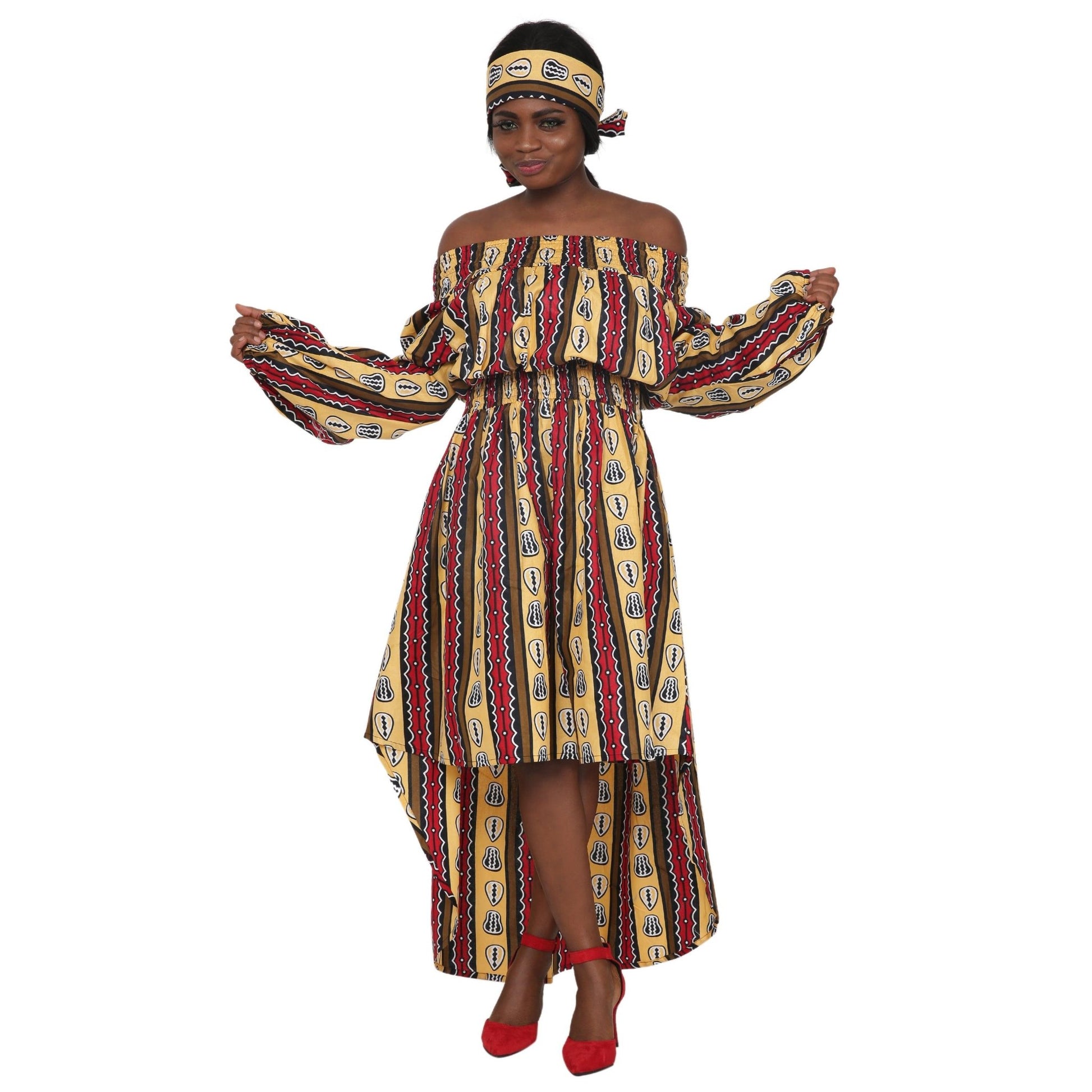 Off Shoulder Hi Lo African Print Long Sleeves Dress 2279-90