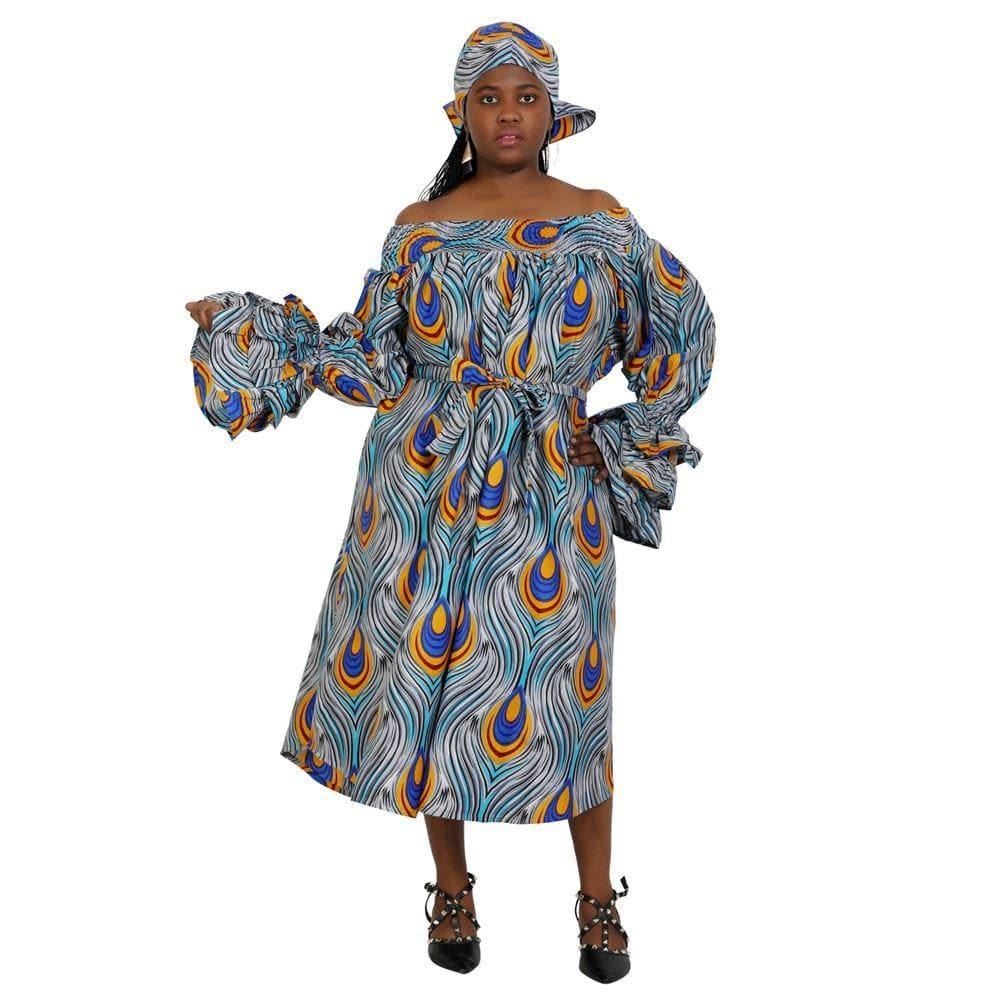 Off Shoulder Ruffle Sleeve African Print Dress 2243 - Advance Apparels Inc