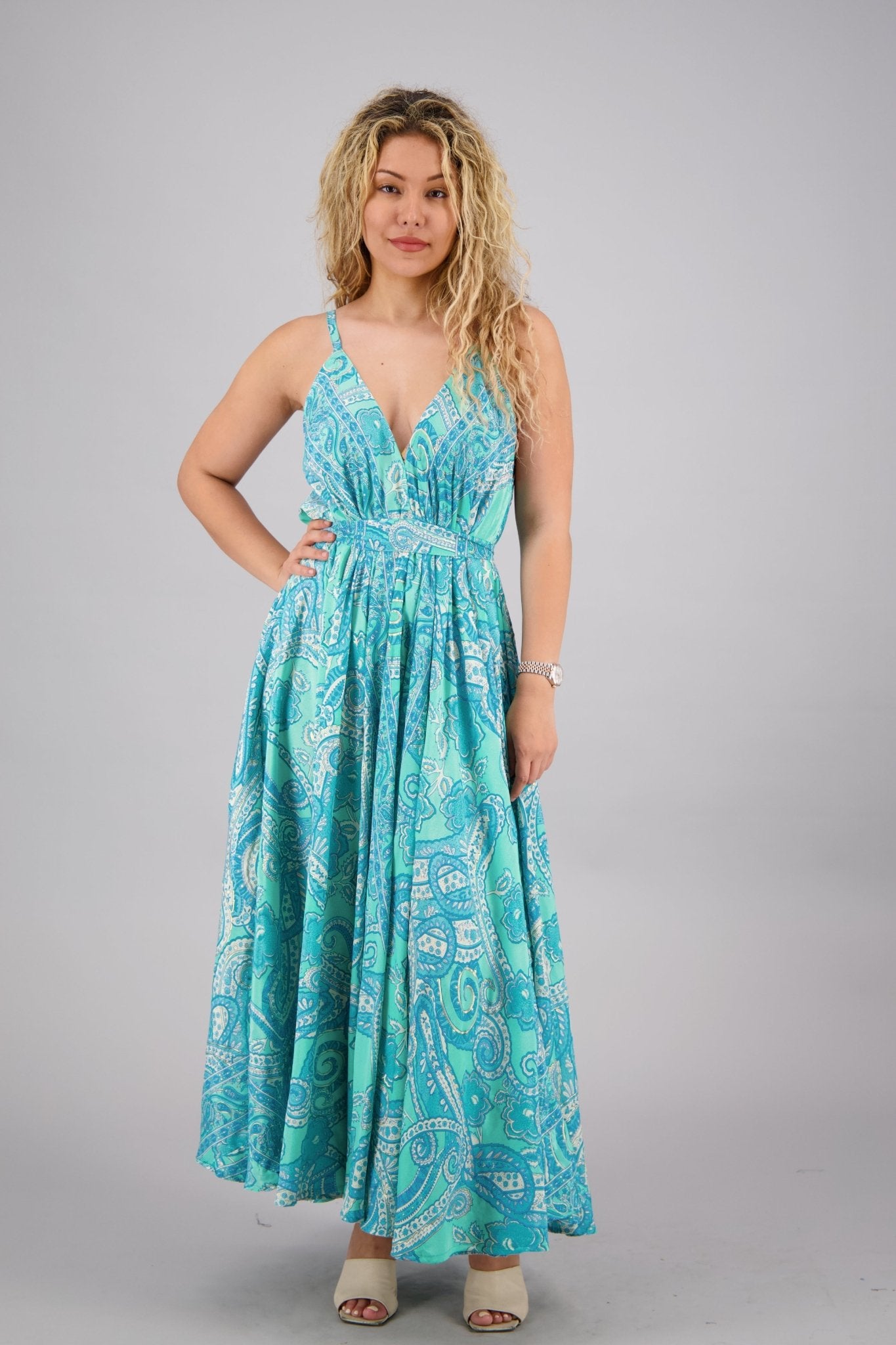 Paisley Border Print Silk Maxi Dress AB16069 - Advance Apparels Inc
