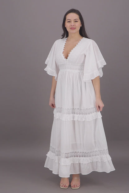 Bell Sleeves White Cotton Dress