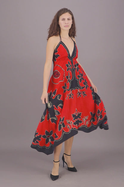 Floral Batik Print Scarf Halter Dress 1965