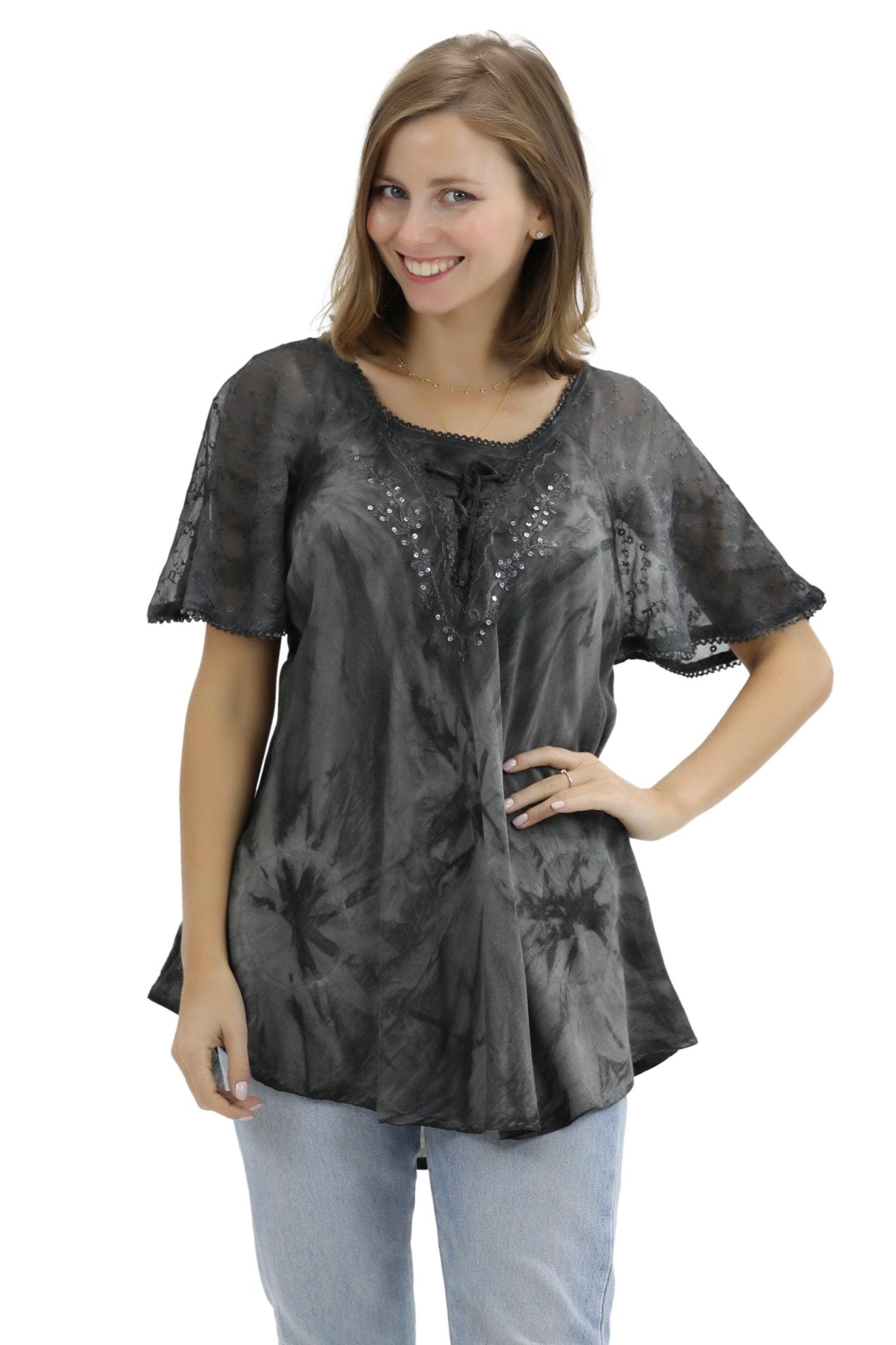 Retro Tie Dye Cap Sleeve Blouse 16483 - Advance Apparels Inc