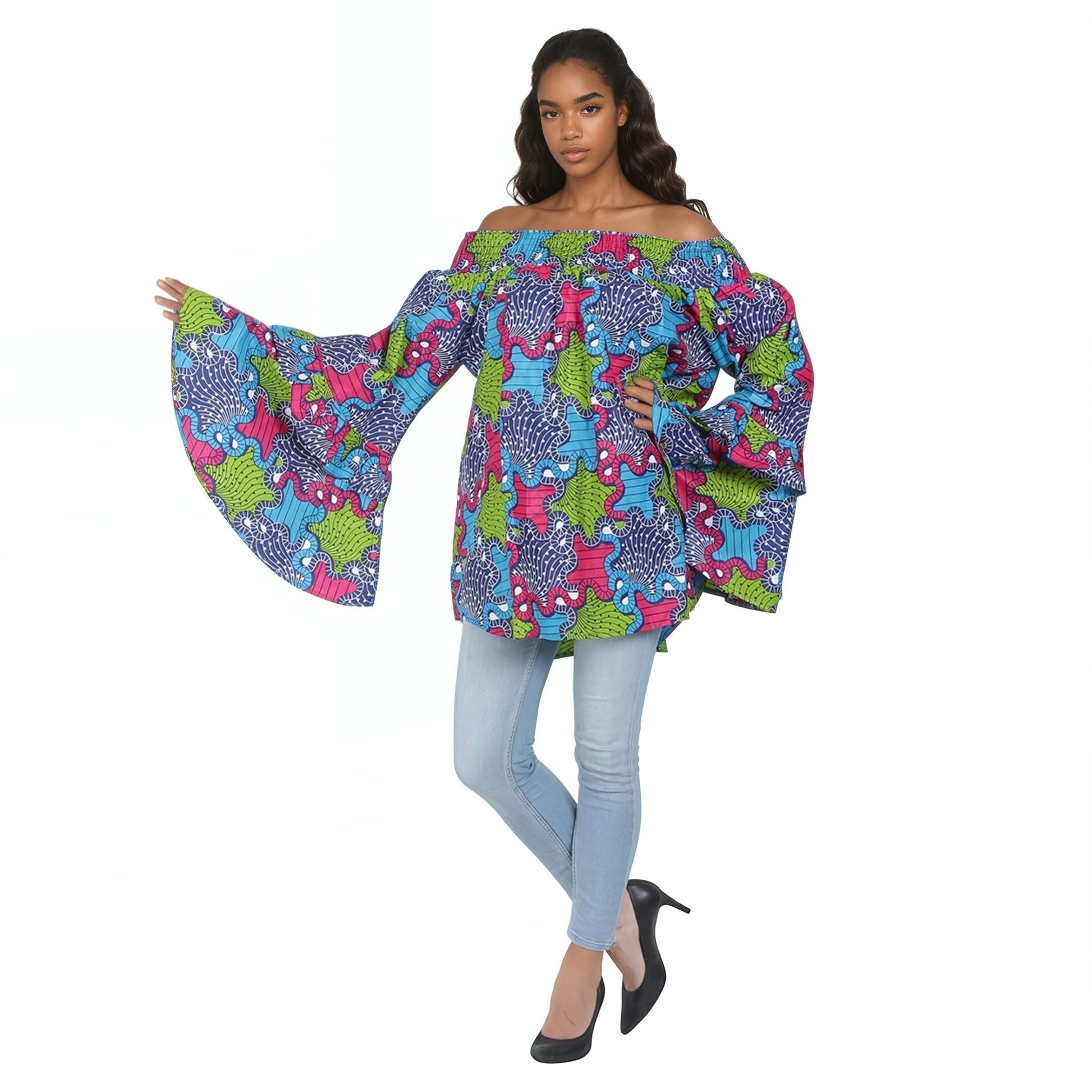 Ruffle Bell Sleeve Ankara Print Blouse 2268 - Advance Apparels Inc