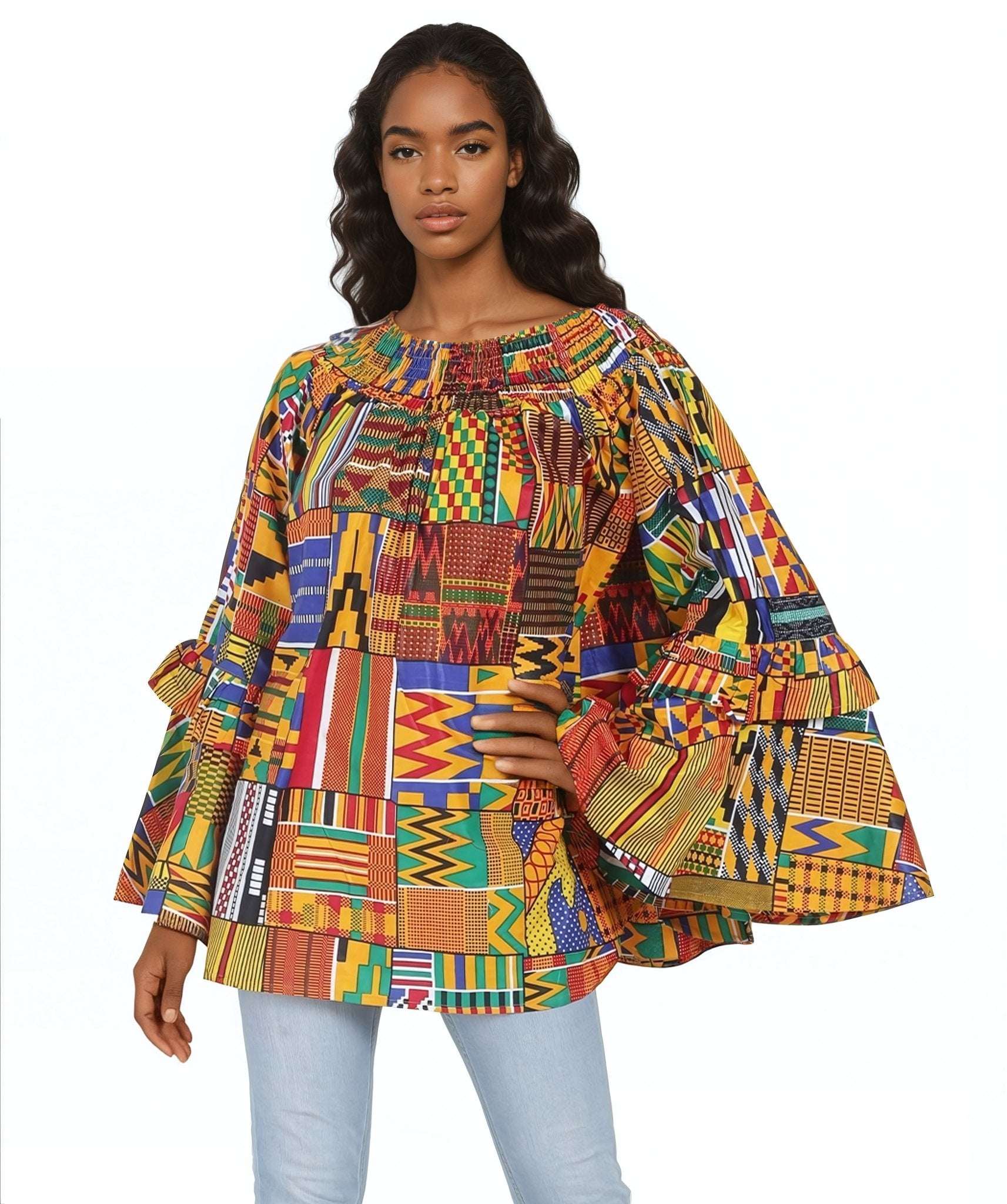 Ruffle Bell Sleeve Ankara Print Blouse 2268 - Advance Apparels Inc