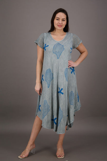 Seashells & Starfish Block Print Trapeze Dress UDS52-2437 - Advance Apparels Inc