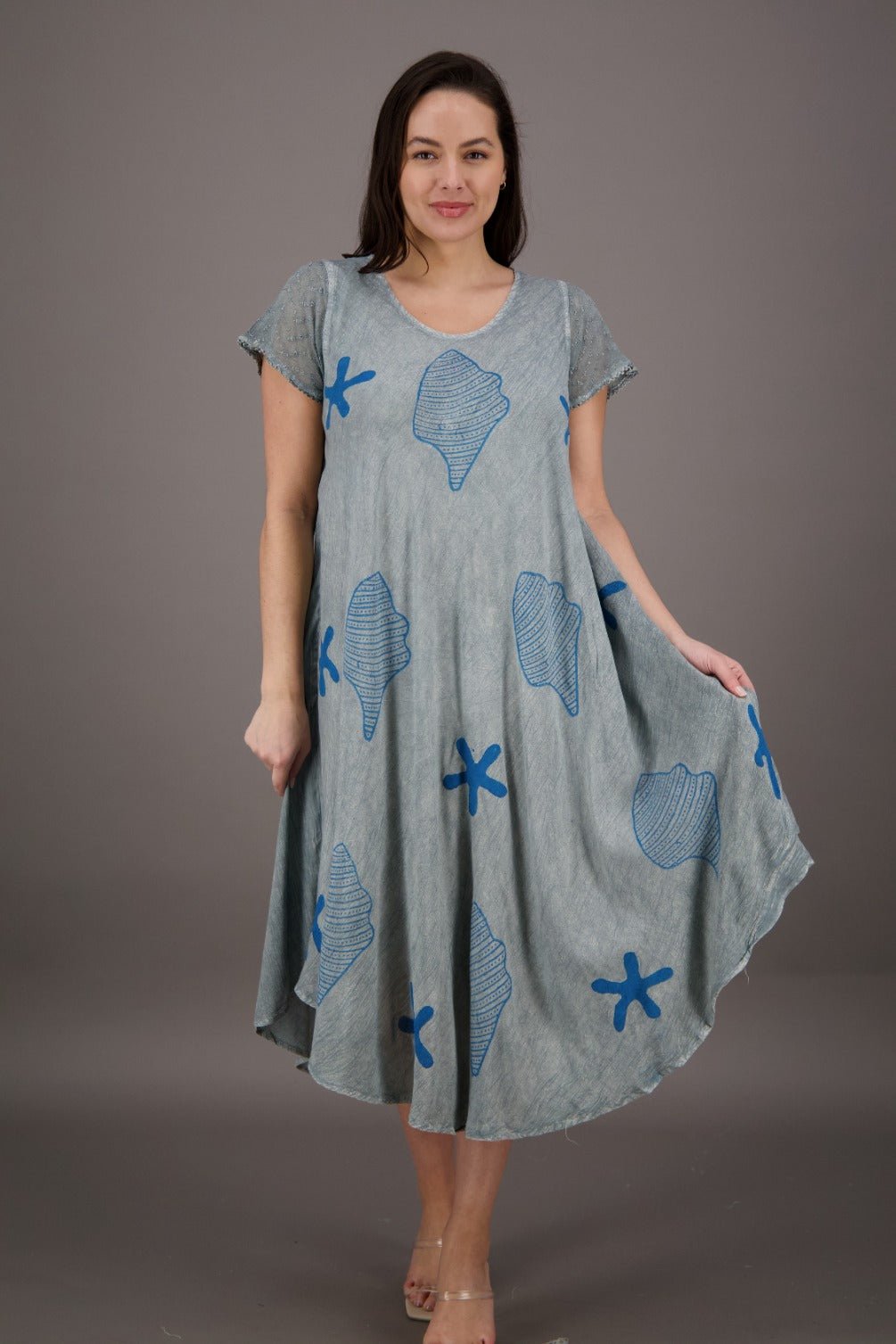Seashells & Starfish Block Print Trapeze Dress UDS52-2437 - Advance Apparels Inc