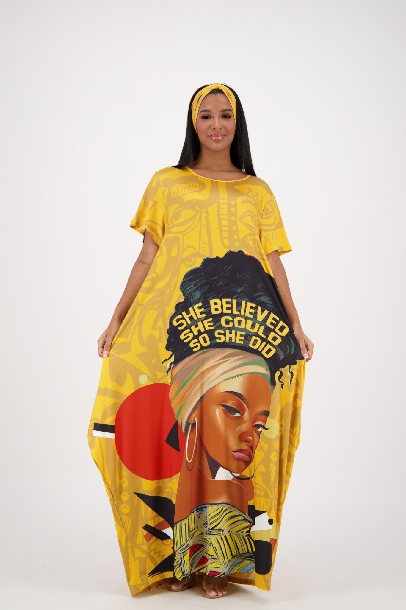 "She Believed" Gold Print Kaftan CH8858 - Advance Apparels Inc
