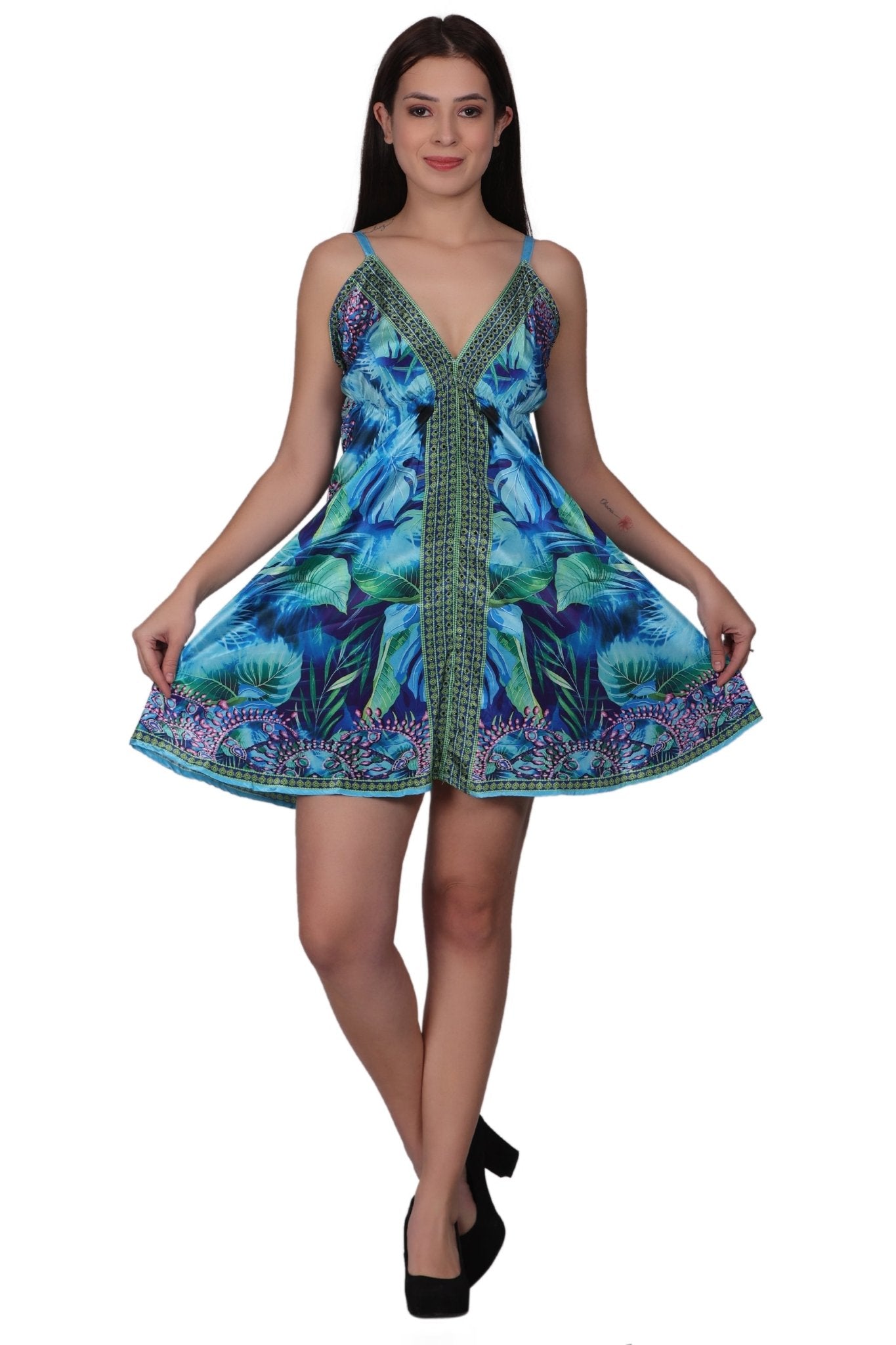 Short Silk Tropical Print Spaghetti Strap Dress PD-97131 - Advance Apparels Inc