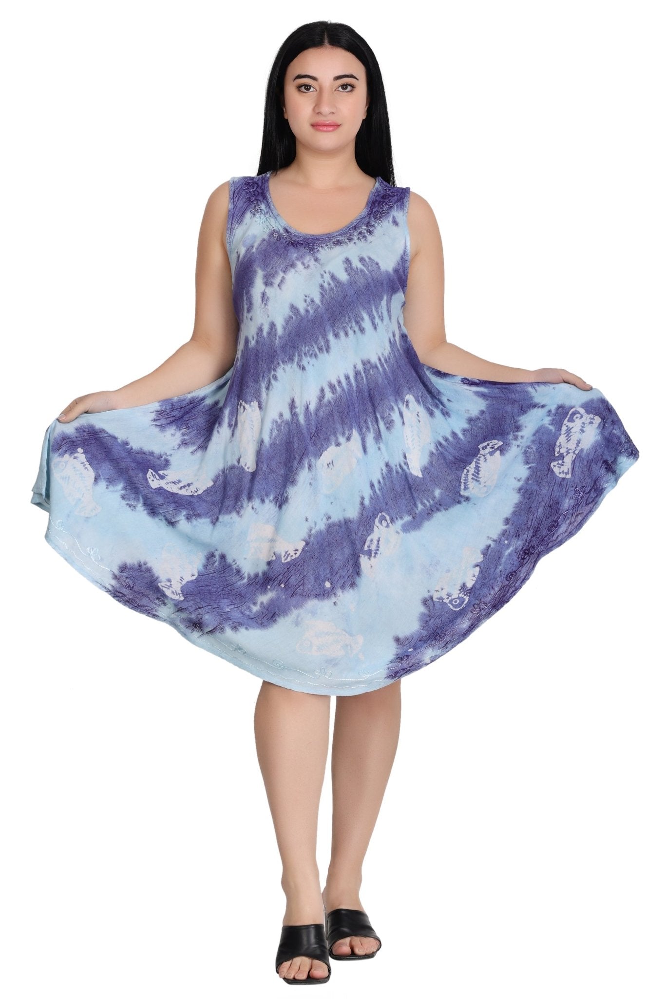 Sleeveless Fish Print Tie Dye Dress 362171R Lavendar / One Size Fits Most Sleeveless Fish Print Tie Dye Dress 362171R Lavendar / One Size Fits Most