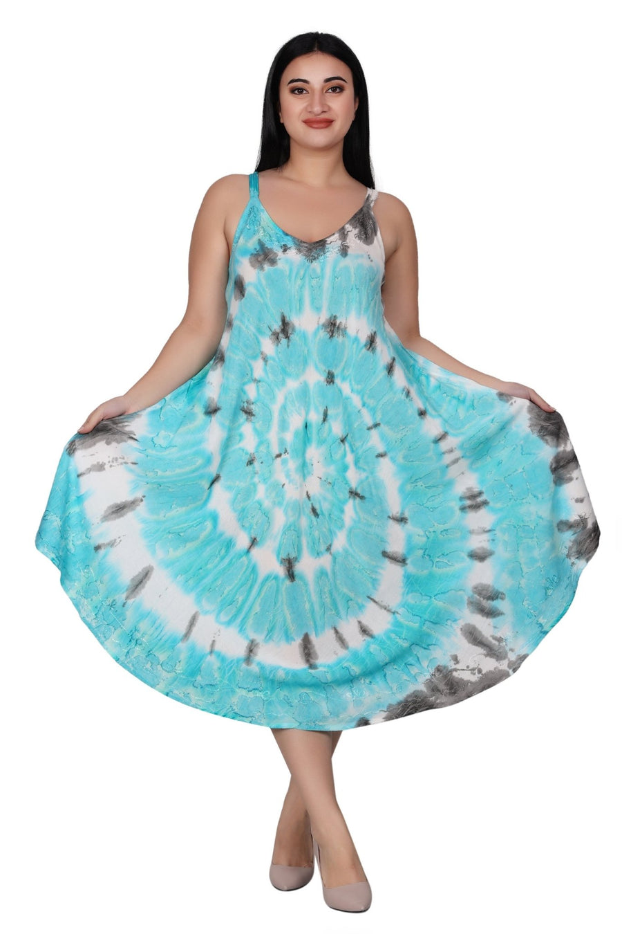 Women's Tie Dye Spaghetti Strap Midi Dress – Scoop Neck, Knot Front, Thigh Split