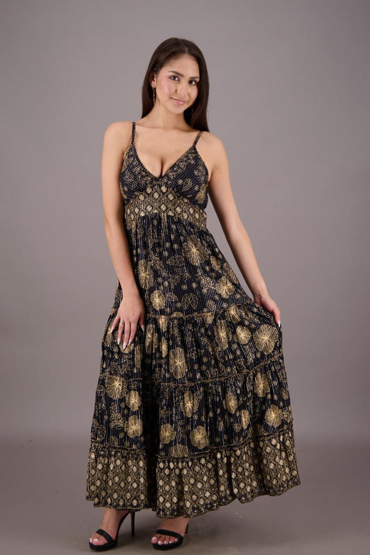 Starlit Bloom Golden Print Dress 24738 - Advance Apparels Inc