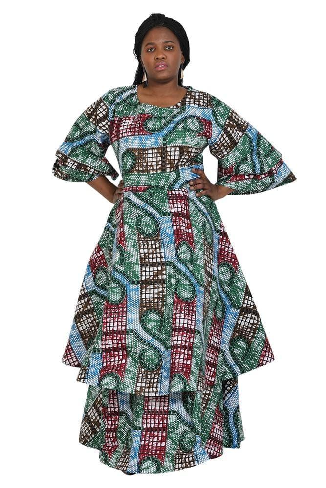 Three Quarter Sleeve Multi Layered African Print Dress 2247 - Advance Apparels Inc