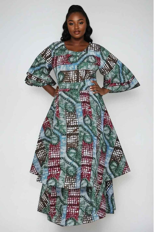 Three Quarter Sleeve Multi Layered African Print Dress 2247 - Advance Apparels Inc
